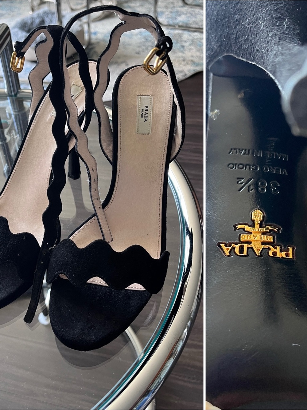 Prada Black Suede scalloped Sandals 38.5